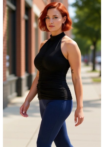 Kadın Büzgülü Halter Yaka Bluz Konforlu ve Şık Günlük Giyim Kaliteli Şık Rahat Modern Zarif fırsatları