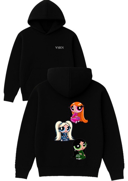3 Adet Tatlı Kız Figür Tasarım Baskılı Oversize Siyah Kapüşonlu Sweatshirt