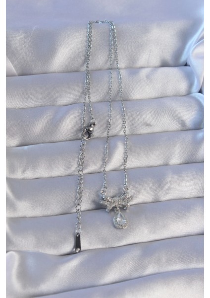 Bfs 316L Çelik Zincirli Gümüş Renk Zirkon Taşlı Damla Detay Fiyonk Model Kolye fiyatları