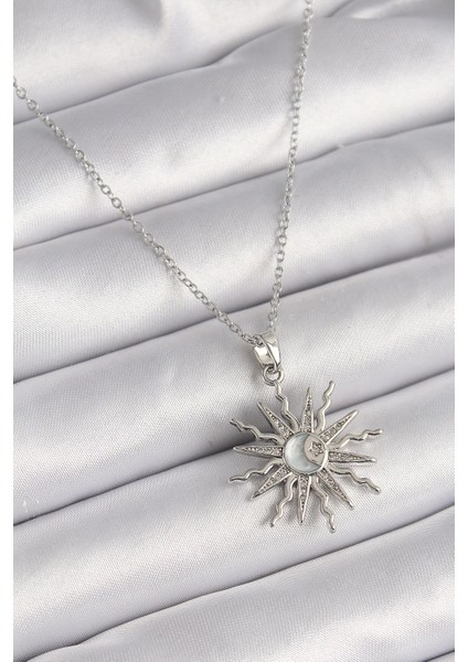 Bfs 316L Çelik Gümüş Renk Zincir Zirkon Taşlı Yıldız Model Sedefli Ay Işleme Detay Kadın Kolye