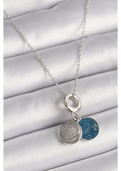 Bfs 316L Çelik Gümüş Renk Zincir Zirkon Taşlı Işleme Mavi Simli Kadın Kolye