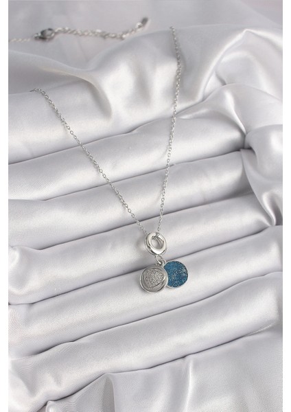 Bfs 316L Çelik Gümüş Renk Zincir Zirkon Taşlı Işleme Mavi Simli Kadın Kolye fiyatları