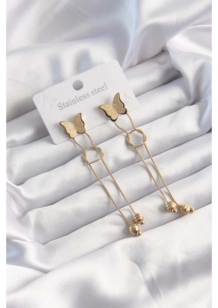 Bfs 316L Çelik Altın Renk Sallantılı Düğüm Model Kelebek Küpe