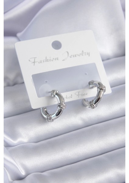 Bfs Gümüş Renk Zirkon Taşlı Halka Model Pirinç Kadın Küpe