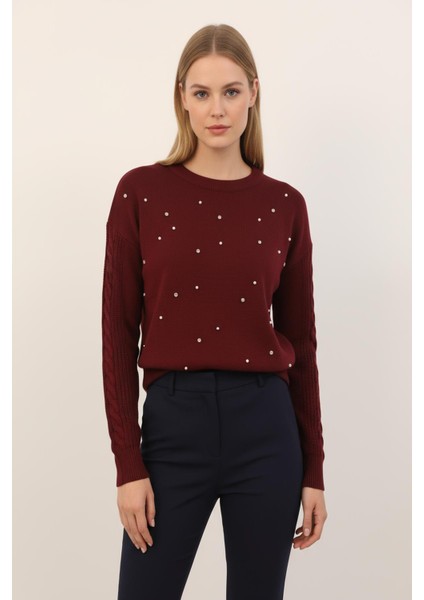 7115 Kol Örgü Detay Taşlı Kazak Bordo