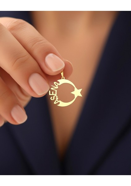 Isimli Ay Yıldız 14 Ayar Altın Kolye Ucu