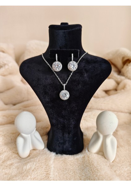 Zirkon Taşlı Silver Çelik Kolye & Küpe Seti