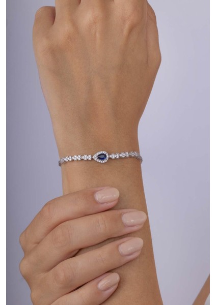 Safir Taşlı Damla Motifli Rodyum Kaplama Gümüş Bileklik