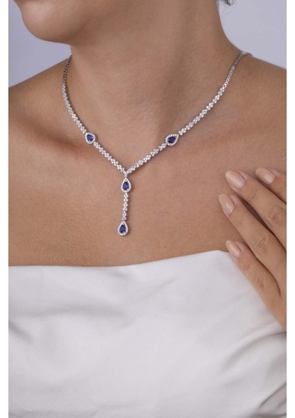 Safir Taşlı Damla Motifli Rodyum Kaplama Gümüş Kolye