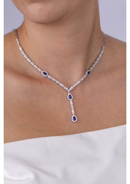 Safir Taşlı Damla Motifli Rodyum Kaplama Gümüş Kolye fiyatları