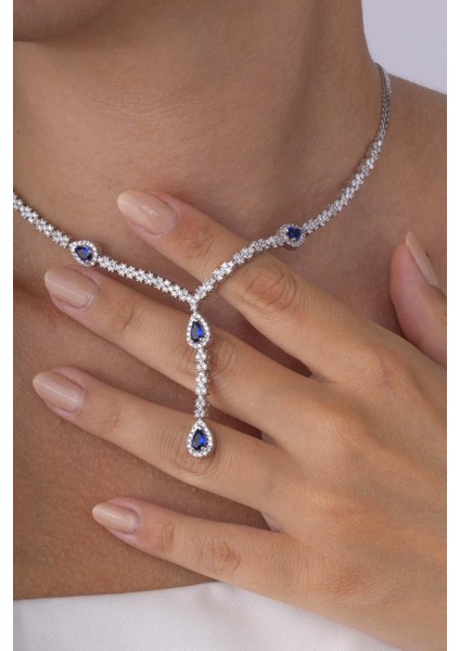 Safir Taşlı Damla Motifli Rodyum Kaplama Gümüş Kolye modelleri