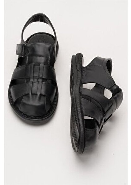 Erkek Hakiki Deri Yazlık Hafif Günlük Ayakkabı Sandalet SİYAH