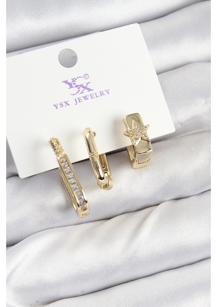 Bfs Pirinç Zirkon Taşlı Yıldız Model Gold Renk 3'lü Kadın Küpe