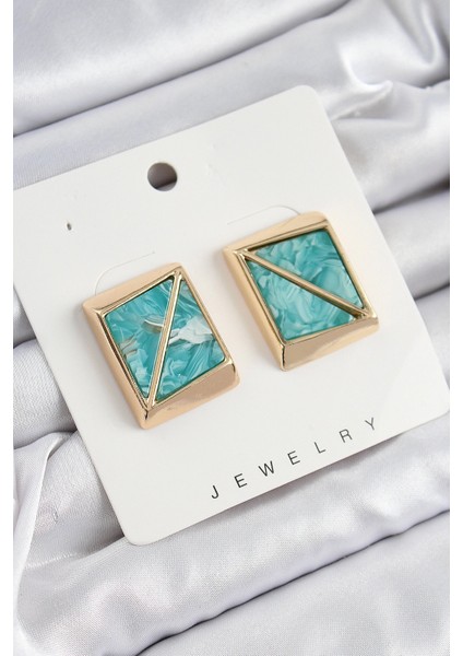 Bfs Pirinç Turkuaz Üçgen Kesim Detaylı Kare Model Vintage Gold Renk Kadın Küpe