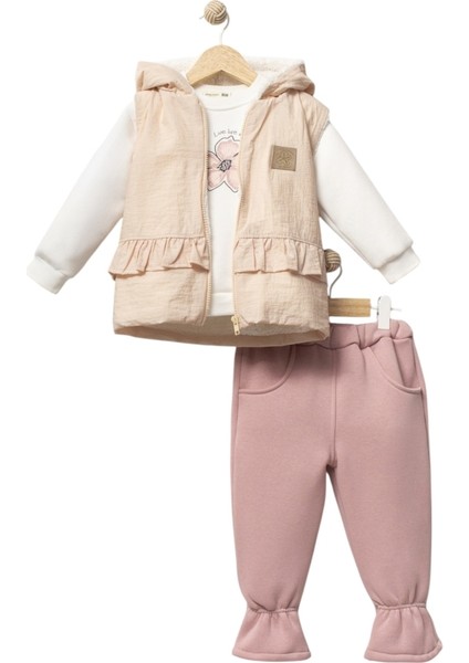 Çiçek Baskılı Yelekli Üç Ip Kız Takım