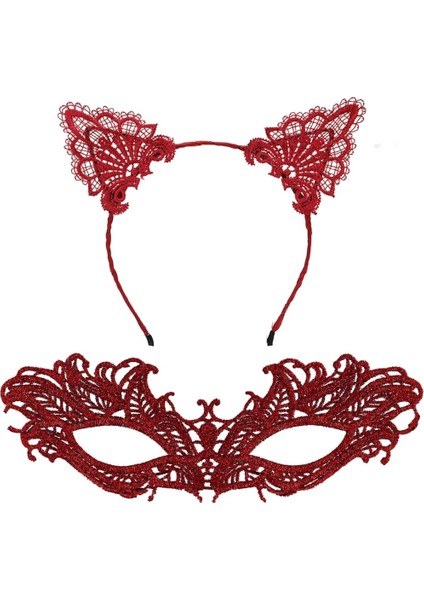 Bfs Şık Kırmızı Dantel Maske ve Taç Seti 5 No – Maskeli Balo &amp; Özel Etkinlikler