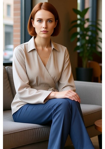 Kadın Moda Şık Üst Giyim Regular V Yaka Regular Kalıp Dokuma Kruvaze Bağlama Detaylı Bluz