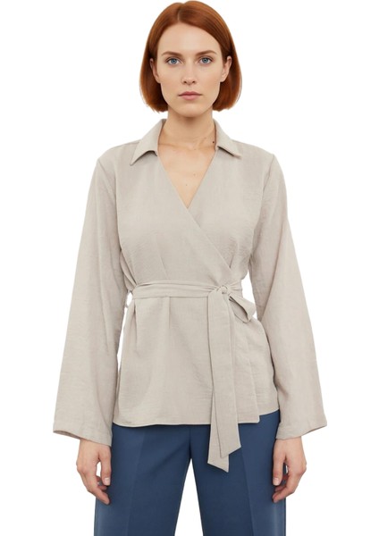 Kadın Moda Şık Üst Giyim Regular V Yaka Regular Kalıp Dokuma Kruvaze Bağlama Detaylı Bluz fiyatları