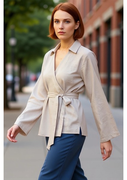 Kadın Moda Şık Üst Giyim Regular V Yaka Regular Kalıp Dokuma Kruvaze Bağlama Detaylı Bluz fırsatları