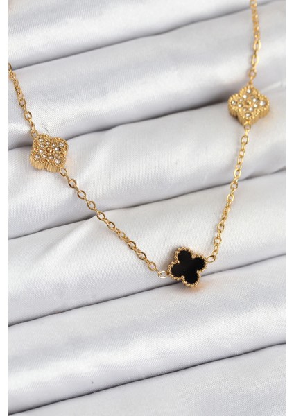 Bfs 316L Çelik Zincir Gold Renk Siyah ve Zirkon Taşlı Baby Boy Yonca Kadın Kolye