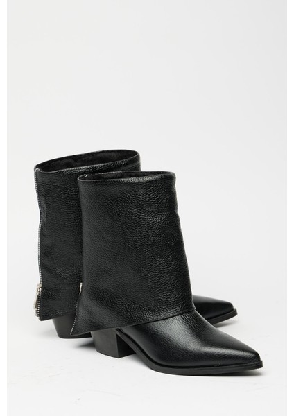 Siyah Kadın Fermuarlı Sivri Burun Kalın Topuklu Kışlık Bot