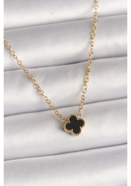 Bfs 316L Çelik Gold Renk Siyah Yonca Model Kadın Kolye