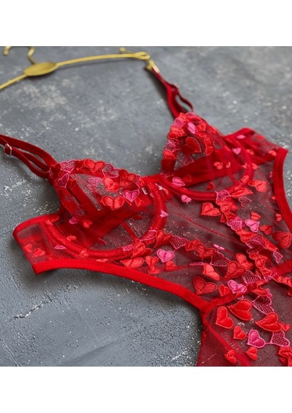 Romantik Tutku Kırmızı Kalp Işlemeli Transparan Dantel Bodysuit