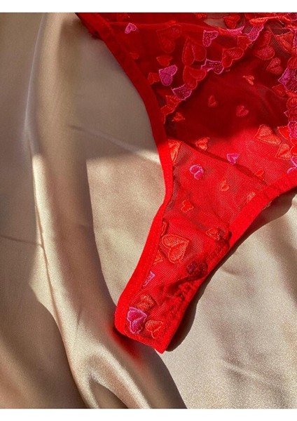 Romantik Tutku Kırmızı Kalp Işlemeli Transparan Dantel Bodysuit fırsatları