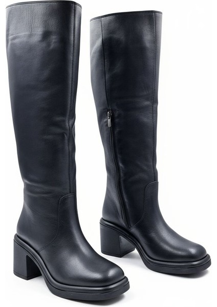 Cassido C1235 Hakiki Deri 6 cm Topuk Kadın Diz Altı Siyah Çizme