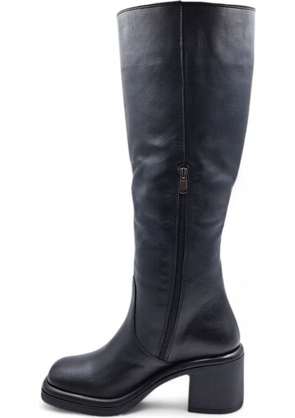 Cassido C1235 Hakiki Deri 6 cm Topuk Kadın Diz Altı Siyah Çizme