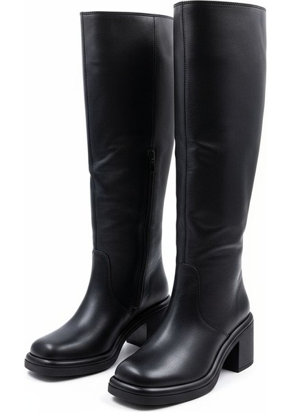 Cassido C1235 Hakiki Deri 6 cm Topuk Kadın Diz Altı Siyah Çizme