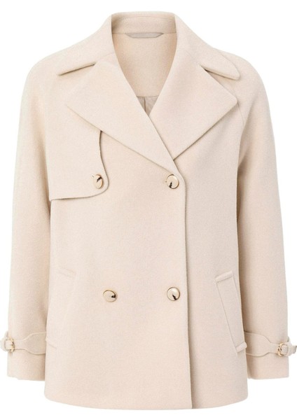 Pelerin ve Kol Patı Detaylı Kruvaze Kısa Kaban Ekru 3161