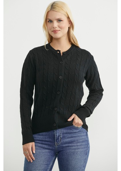 Düğmeli Sıfır Yaka Triko Hırka - Siyah