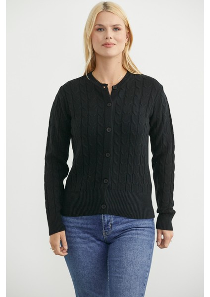 Düğmeli Sıfır Yaka Triko Hırka - Siyah modelleri