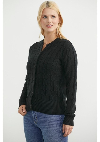 Düğmeli Sıfır Yaka Triko Hırka - Siyah fırsatları