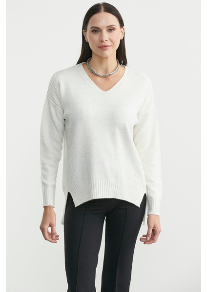 Oversize V Yaka Triko Kazak - Kemik