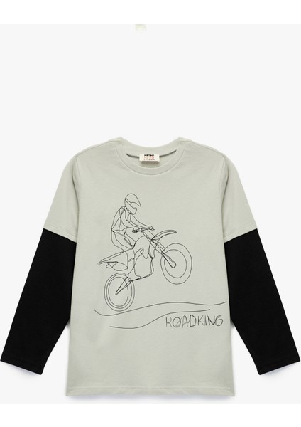 Pamuklu Uzun Kollu Bisiklet Yaka Baskılı Tişört