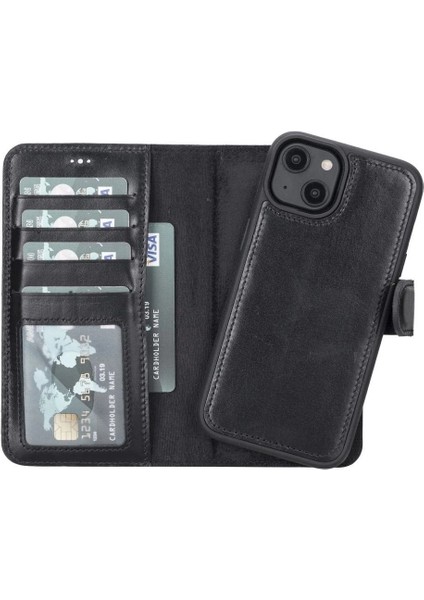Apple iPhone 14 Uyumlu Deri Cüzdanlı Kılıf Mwwn Rst1 Siyah