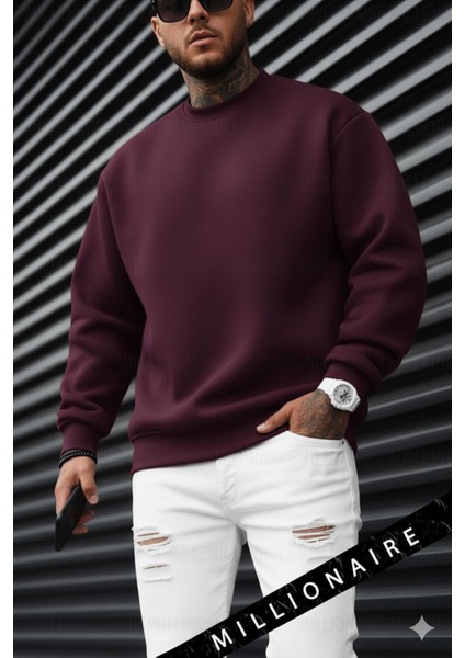 Erkek Bordo Koyu Vişne Çürüğü Basic 0 Sıfır Yaka Baskısız Düz Oversize Salaş Bol Kesim Sweatshirt