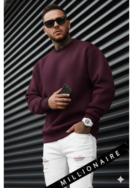Erkek Bordo Koyu Vişne Çürüğü Basic 0 Sıfır Yaka Baskısız Düz Oversize Salaş Bol Kesim Sweatshirt fiyatları