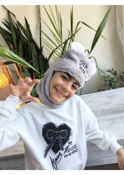 Kız Erkek Unisex Kendinden Boyunluklu Bere Peluş Figürlü Yumuşak Kulak Korumalı Gri