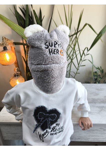 Kız Erkek Unisex Kendinden Boyunluklu Bere Peluş Figürlü Yumuşak Kulak Korumalı Gri fiyatları