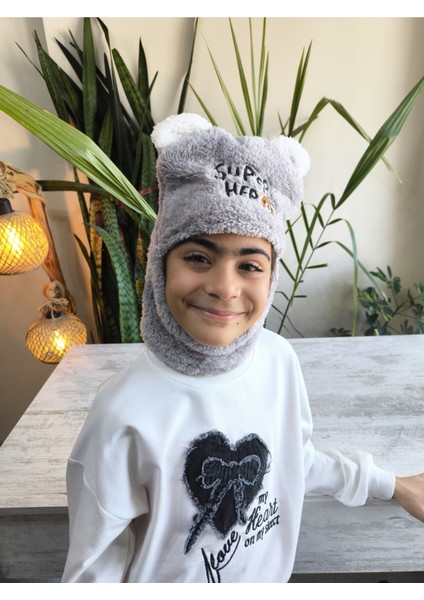 Kız Erkek Unisex Kendinden Boyunluklu Bere Peluş Figürlü Yumuşak Kulak Korumalı Gri modelleri