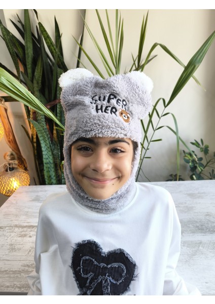 Kız Erkek Unisex Kendinden Boyunluklu Bere Peluş Figürlü Yumuşak Kulak Korumalı Gri indirimleri