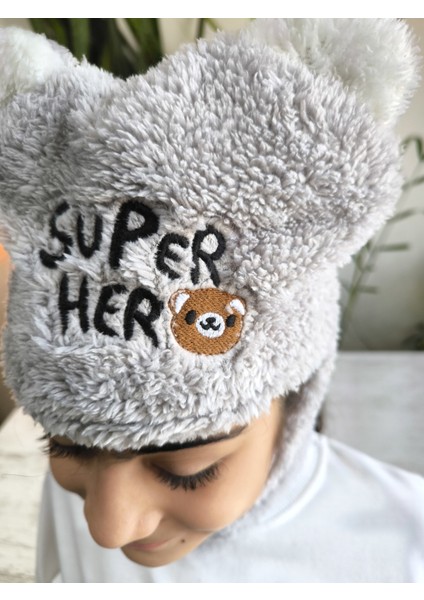 Kız Erkek Unisex Kendinden Boyunluklu Bere Peluş Figürlü Yumuşak Kulak Korumalı Gri