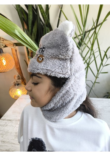 Kız Erkek Unisex Kendinden Boyunluklu Bere Peluş Figürlü Yumuşak Kulak Korumalı Gri