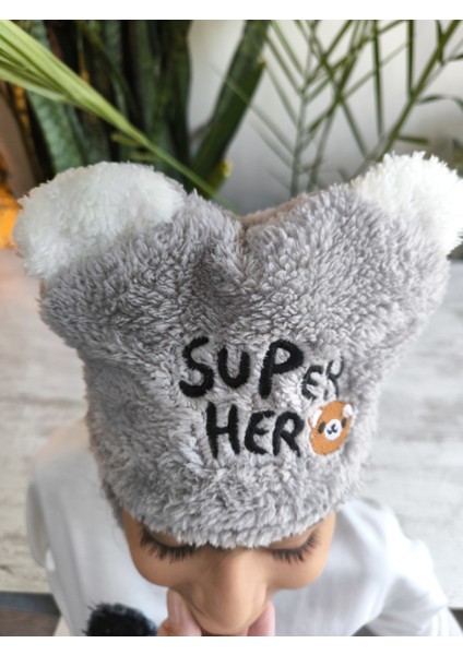 Kız Erkek Unisex Kendinden Boyunluklu Bere Peluş Figürlü Yumuşak Kulak Korumalı Gri