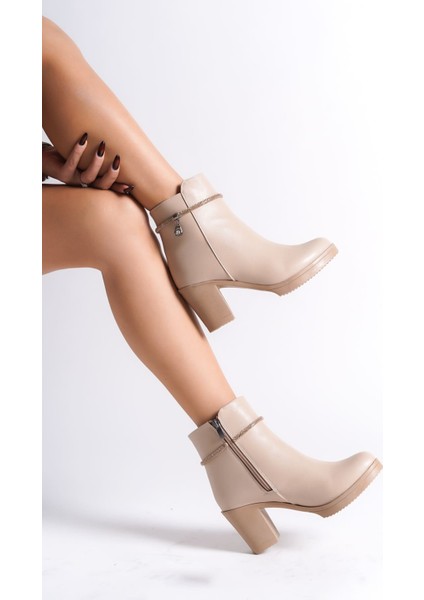 Arıa Fermuarlı Ortopedik Taban Taşlı Topuklu Kadın Bot Ctt - Ten