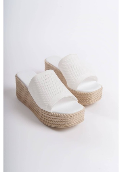 Marla Dolgu Topuklu Ortopedik Taban Hasır Görünümlü Triko Kadın Terlik Tkt - Beyaz modelleri