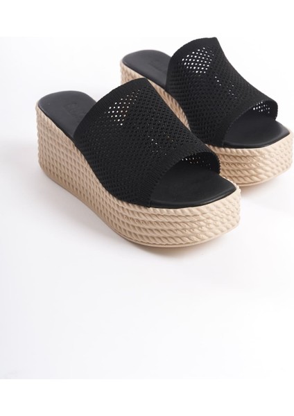 Marla Dolgu Topuklu Ortopedik Taban Hasır Görünümlü Triko Kadın Terlik Tkt - Siyah modelleri